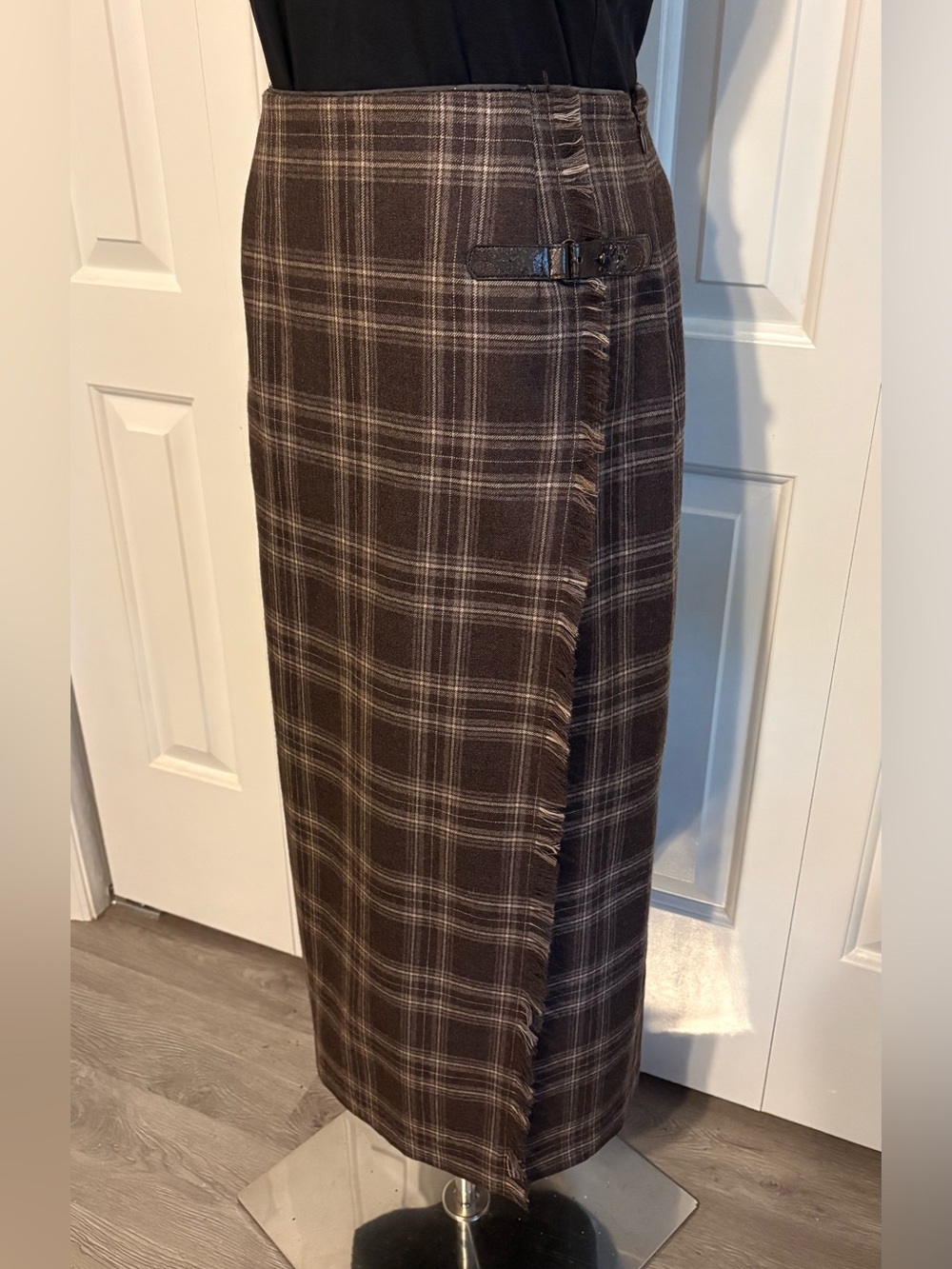 RAFAELLA  Brown Plaid Wrap-Style Midi Skirt